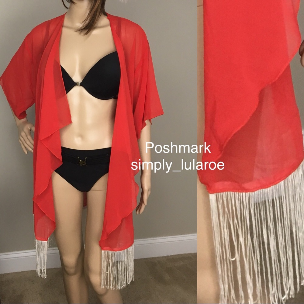 LuLaRoe candy apple red Monroe kimono with tassel fringe